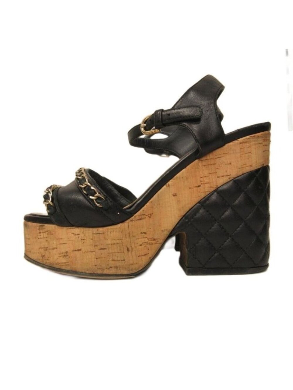 Chanel Quilted Platform Wedge Sole Sandals CC Logo 35c Black - Picture 2 of 9